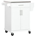 HOMCOM Kitchen Island with Stainless Steel Top, Rolling Kitchen Cart on Wheels with Storage Drawer, Cabinet, Towel Rack and Spice Rack (White)