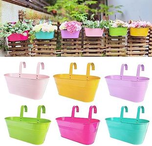 LaLaGreen Rail Planter Outdoor Plants (6 Pack, 11.2 Inch) Colorful Metal Iron Strawberry Hanging Flower Pots Deck Railing, Fence Wall Mount Bucket Modern Window Box Hooks Porch Garden Outside Decor