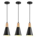 ANJOJO Modern Nordic Pendant Light, Bobo Minimalist Adjustable Pendant Lighting Fixture, Mini Wood Metal Hanging Lamp for Kitchen Island Dining Room Sink Coffee Bar, Matte Black Finish, 3 Pack