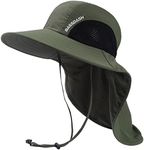 BASSDASH UPF 50+ Unisex Water Resistant Wide Brim Sun Hat with Large Neck Flap Ponytail Fishing Hat for Men Women, Army Green, One Size