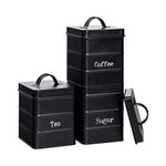 Harbour Housewares Round Metal Tea Coffee Sugar Canisters - Black - 3pc Set - Vintage Kitchen Storage Loose Tea Coffee Beans Granulated Sugar Airtight Container Food Preserve Caddy with Lid