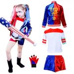 Quin-n Costume Kids, Fancy Dress Carnival Halloween Villain Costume Include Jacket T-shirt Shorts Choker Glove, Halloween Carnival Cosplay(130)