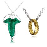 HJYZY 2 pcs Vintage Green Leaf Elven Earrings Pin Brooch Pendant Chain Necklace Gold Tone The Ring Pendant Necklace The Best Gift for Fans