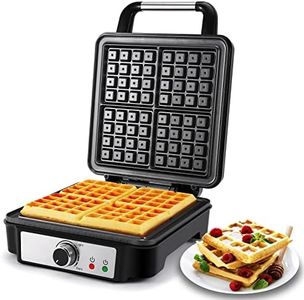 YASHE Gofrera, Máquina de Gofres Cuadrada de 4 Rebanadas, 5 Perillas de Dorado, Luces Indicadoras, Antidesbordamiento, Recubrimiento Antiadherente, 1200W, Plateado/Negro