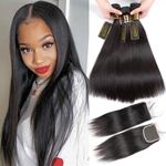 QTHAIR 12A Brazilian Straight Hair 3 Bundles with Closure(12" 14" 14" with 10") 12A Brazilian Straight Virgin Hair Weave 100% Unprocessed Brazilian Remy Hair With Free Part Lace Closure