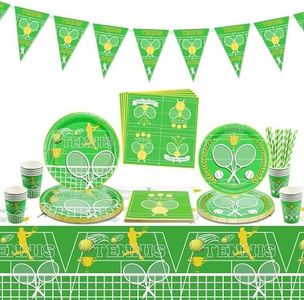 QUERICKY Tennis Party Decorations, Includes Tennis Flag, Tennis Tablecloth, Paper Plates, Napkins, Paper Cups for Men Women Kids Birthday Party Supplies, Sports Themed Party, Serve 20 Guests