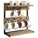 IBUYKE Rustic Coffee Mug Holder Stand, 2 Tier Countertop Mug Tree Holder Rack with Storage Base, Vintage Mug Holders for Kitchen, Holds 8 Mugs, Greige UTBJ002Y