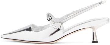 MIRAAZZURRA Slingback Kitten Heels Pumps Pointed Toe Patent Leather Low Heel Slip On Dress Shoes with Buckle Strap for Dating Party Working Silver 8
