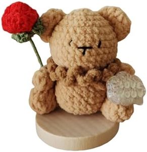 Handmade Crochet Cute Bear with Rose Knitted Animal,Table Top Decor Gift for Her/Girlfriend,Anniversary Rose Bear Gifts for Wife,Valentines Birthday Gifts for Women (Khaki)