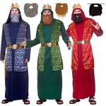 Set of 3 Wise Men Costumes (Red/Green/Blue) + Beards : Adult Mens Christmas Nativity Play Fancy Dress