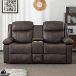 PALLOME Loveseat Recliner Sofa, PU Leather Loveseat Recliner, Manual Recliner Loveseat with Console, Double Recliner RV Sofa with Cup Holders and Side Pocket for Living Room/Office/Apartment (Brown)