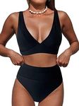 Hilinker Women's Bikini Sets V Neck High Waisted Swimsuits 2 Piece Bathing Suits All Black Small