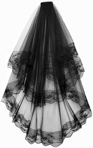 Clataly Voile de dentelle noir tulle 2 couches robe de mariée Halloween Party veil peigne headwear