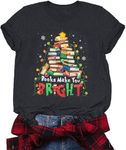 Christmas Shirts Women Christmas Book Tree Shirt Book Lovers Tees Cute Xmas Holiday Short Sleeve Tops, Dark Grey1, X-Large