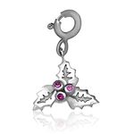 FOURSEVEN Jewellery 925 Sterling Silver Christmas Holly Charm Pendant with Pink Cubic Zirconia - Fits in Bracelets, Chains and Necklace (Best Gift for Men and Women) (Christmas Gifts)