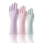 COOLJOB Reusable Household Cleaning Gloves, Non-Slip Rubber Latex Gloves with Thin Flocked Liner for Dishwashing, Cleaning, Laundry, Waterproof, Pink, Green, Purple, Medium Size (3 Pairs M)