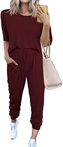 PRETTYGARDEN Women's Two Piece Outfit Short Sleeve Pullover with Drawstring Long Pants Tracksuit Jogger Set (Wine Red,XX-Large)