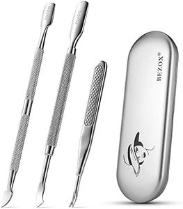 BEZOX Cuticle Pushers and Undernail Cleaner Tool Kit - Stainless Steel Dual Ended Nail Polish Pusher - Angled Cuticle Trimmer and Cuticle Fork - Pack of 3 W/Tin Storage Box