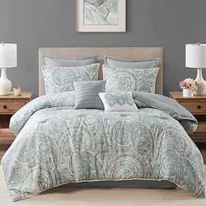 Comfort Spaces Cozy Comforter Set-Modern Classic Design All Season Down Alternative Bedding, Matching Shams, Bedskirt, Decorative Pillows, King, Kashmir Paisley Blue 8 Piece