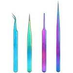 HERIS 4pcs Rainbow Stainless Steel Tweezers Kit Anti-Static Precision Tweezers Set For Eyelash Extension Facial Hair Eyebrows Nail Art