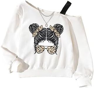 SHENHE Girl's Graphic Print Cut Out Shoulder Asymmetrical Cute Sweatshirt Pullover Top White 8Y
