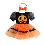 Baby Girl Halloween Romper Dress With Headband Pumpkin Smile/Sorceress Puff Sleeve Lace Patchwork Romper Bodysuit Tutu Dress For Halloween Cosplay (Orange, 0-3 Months)