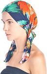 Ashford & Brooks Women's Pretied Printed Fitted Headscarf Chemo Bandana - Navy/Coral Tropical Fronds