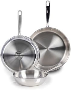 T-fal Pro Tri-Ply Stainless Steel Cookware Set 3 Piece, Induction Compatible, Oven Safe 500F, Fast & Even Heat, Professional Quality & Durability, Pots & Pans Set, Fry Pan Set, Dishwasher Safe, Silver