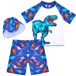 AuSletie Boys Two Pieces Swimsuit Set Short Sleeve Kids Rash Guard Dinosaur Boys Bathing Suit with Sun Cap for 3-6 Years Blue