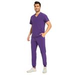 COZYFIT Men Scrubs Set — Stretch V-Neck Scrub Top & Jogger Pant with 8 Pockets, Yoga Waistband, Anti-Wrinkle Scrubs for Men - Purple, L