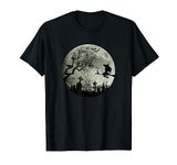 Witch on Flying Broomstick Moonlight Black Cat Bat Graveyard T-Shirt