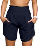 YAGHZU Womens High Waisted Athletic Shorts Long Inseam Quick Dry Running Shorts for Women with Zipper Pockets and Mesh Liner Navy