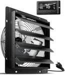 HG Power 16 Inch Attic Fan with Thermostat, 1681 CFM Shutter Exhaust Fan with Smart Temperature Humidity Controller, Wall Mounted Greenhouse Fan with EC Motor for Garage, Shed Ventilation, Black
