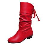 Ladies Fashion Solid Color Pleated Leather Bow Tie Back Thick Heel Medium Boots Womens Extra Wide Calf Boots (Red, 5.5)