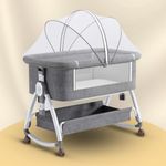 CAREIT Premium 6-in-1 Baby Bedside Cot, Crib, Cradle with Portable All-Mesh Bassinet with Wheels, Storage Basket, and 6 Height Adjustments, Easy Assembly for Newborns-Grey