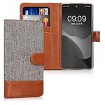 kwmobile Wallet Case Compatible with Google Pixel 6a - Case Fabric and Faux Leather Phone Flip Cover - Light Grey/Brown