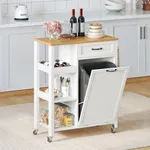 YITAHOME Small Kitchen Island Cart on Wheels with Trash Can Storage Cabinet, Rolling Portable Dining Room Serving Utility Carts Mobile Movable for 10 Gallon Garbage Bin, Oak & White