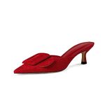 Volrina Kitten Heel Mules Sandals for Women Pointed toe Square Buckle Backless Slip on Suede Stiletto Dress Heeled Sandals Wedding Party Shoes, Red, 9 UK