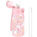 GOPPUS 420ml/14oz Kids Insulated Water Bottle with Straw Cute Double Wall Stainless Steel Child's Small Flask Vacuum Insulated Steel Metal Leak Proof Drink Flask Boys Toddler Girls Flask BPA-Free