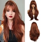 Esmee 26 Inches Long Auburn Wig with Bangs Slightly Curly Hair Ends Natural Synthetic Hair Straight Wigs for Women Daily Party Cosplay Wear