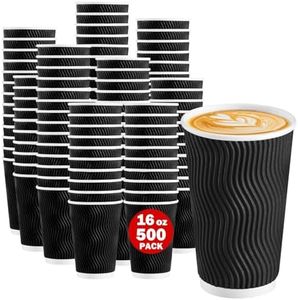 Lamosi Disposable Coffee Cups 16 OZ 500 Pack, Paper Coffee Cups 16 OZ for Hot Drinks or Cold Beverages, Insulated Corrugated Ripple Wall Cup No Lids for Office, Cafe, Home or Travel (Black)