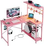 Bestier 42 L Gaming Desk,Computer Desk with Power Outlets, LED Lights, Reversible Corner Desk with 4-Tier Shelves,Cup Holder & Hook Carbon Fiber Pink