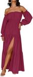 ZESICA Women's Boho Sexy Off Shoulder Long Sleeve Smocked High Waist Side Split Flowy A Line Tiered Long Maxi Dress,Fuchsia,XX-Large