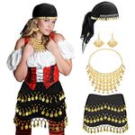 Sureio 4 Pcs Women Gypsy Pirate Costume Accessories Belly Dance Head Scarf Earring Necklace Hip Scarf Jewelry(Black)