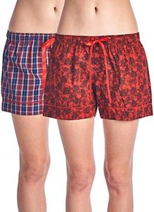 Casual Nights Women's 2 Pack Cotton Woven Lounge Boxer Shorts - Rose/Plaid 35 - Small