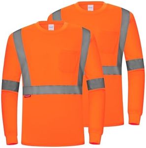 ProtectX High Visibility Shirts Hi Vis Long Sleeve Shirts for Men Reflective Class 2 Safety Shirts 2 Pack Orange Long Solid Medium