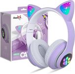 Daemon Bluetooth Headphones for Kids, Cute Ear Cat Ear LED Light Up Foldable Headphones Stereo Over Ear with Microphone/TF Card Wireless Headphone for iPhone/iPad/Smartphone/Laptop/PC/TV (Purple)