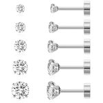 SANNIDHI® 5 Pairs Earrings for Women Flat Back Cartilage Stud Earrings Cubic Zirconia 316L Stainless Steel Earrings Hypoallergenic Nickel-Free Earrings - 3/4/5/6/8mm, Silver