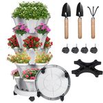 SunFunUSA Vertical Strawberry Planter-5 Tier Tower Stackable Herb Planter Stacking Garden Planters Pot Outdoor With Tools Removable Wheels For Growing Flowers, Vegetables and Succulents, Light Grey