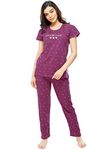 ZEYO Women's Cotton Heart Printed Plum Red Night Suit set of Top & Pyjama 5302